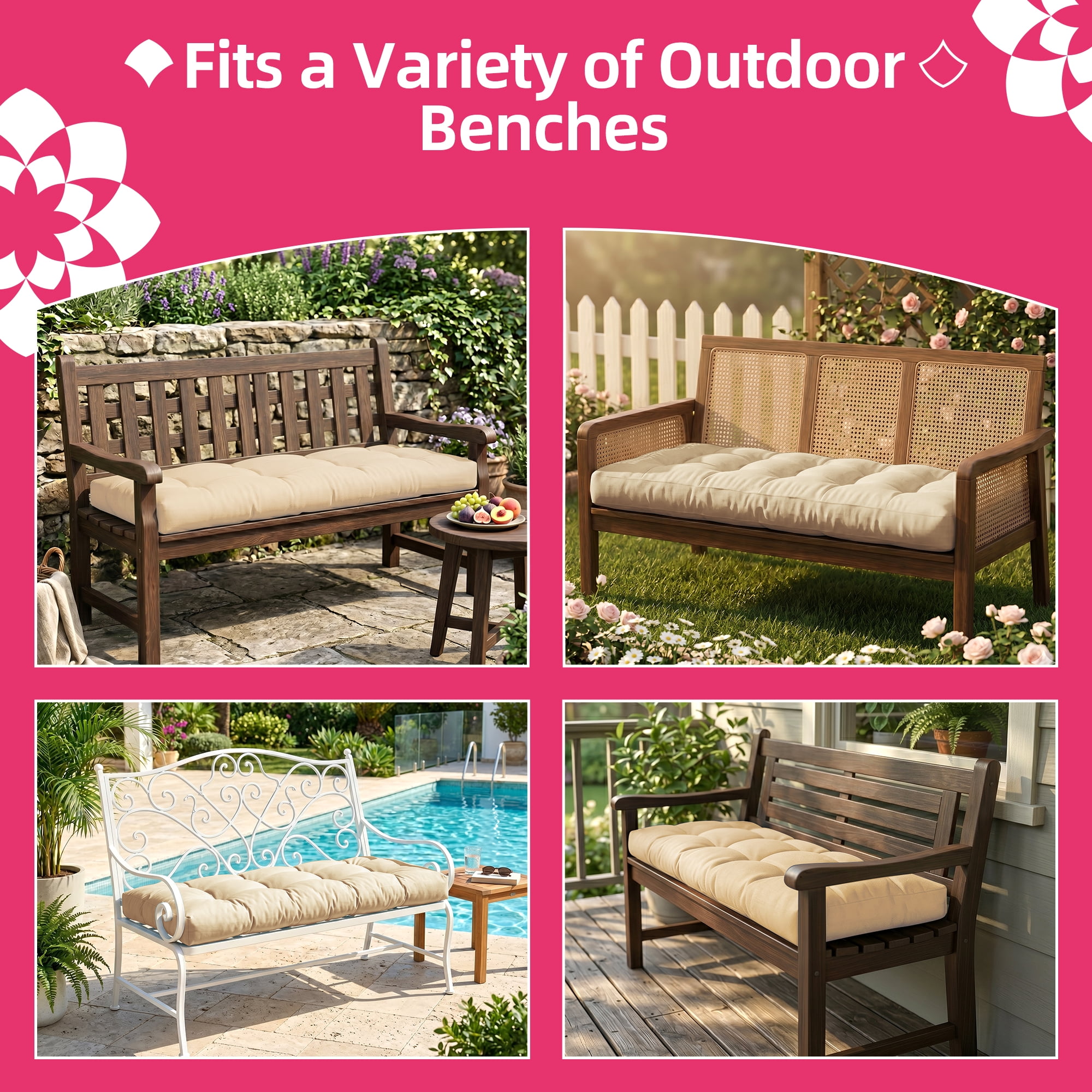 Millsilo Outdoor Bench Cushion 45" x 18" x 4", Waterproof Patio Garden Cushion with Non Slip Bottom, Thick Cushion for Porch Swing & Outdoor Furniture, Beige
