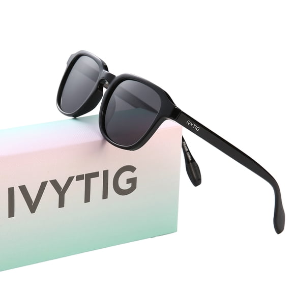IVYTIG Sunglasses for Women Men, Rectangle Eyewear, Shiny Black Color, Medium Fit, Vintage Fashion, UV400 Protection Polarize Lens