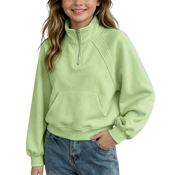 Quarter Zip Sweatshirt for Girls Stand Collar Long Sleeve Mock Neck Pullover Lightweight Casual Solid Color Fall Sweatshirt No Hood, 7-8 Years