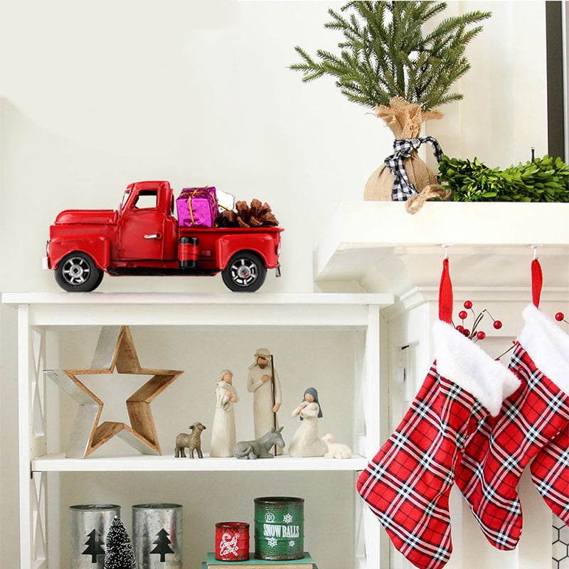 Christmas Vintage Red Metal Truck Ornament Kids Xmas Gifts Toy Table Decor