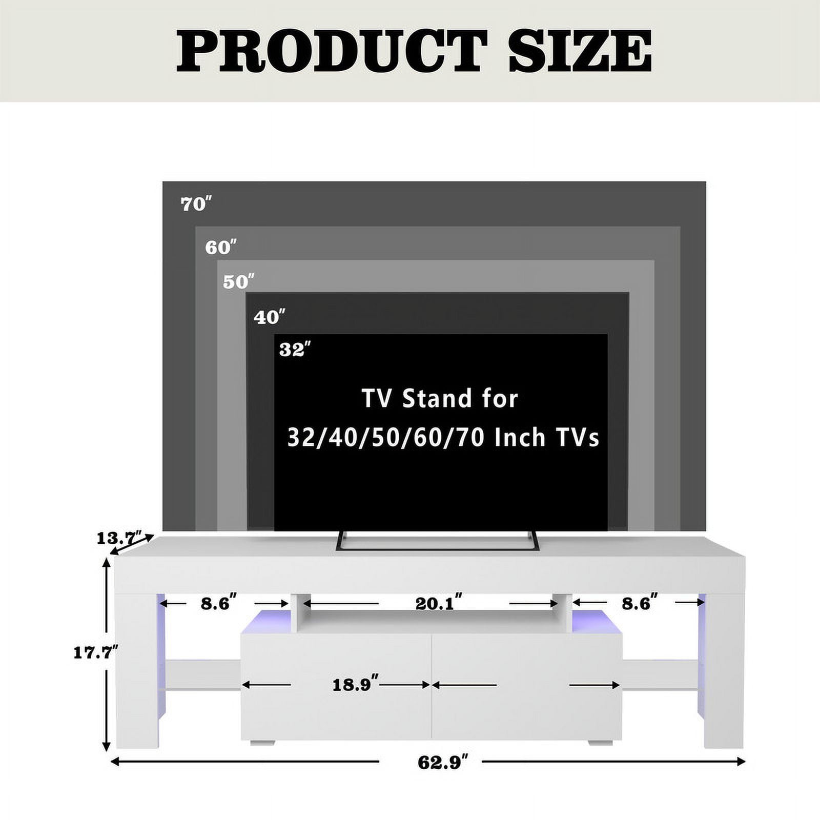 Homall 63'' TV Stand for TVs up to 70'', TV Stand with Remote LED Lights, White Modern Entertainment Center with Soft-Close Drawers & Adjustable Shelves for Living Room, White