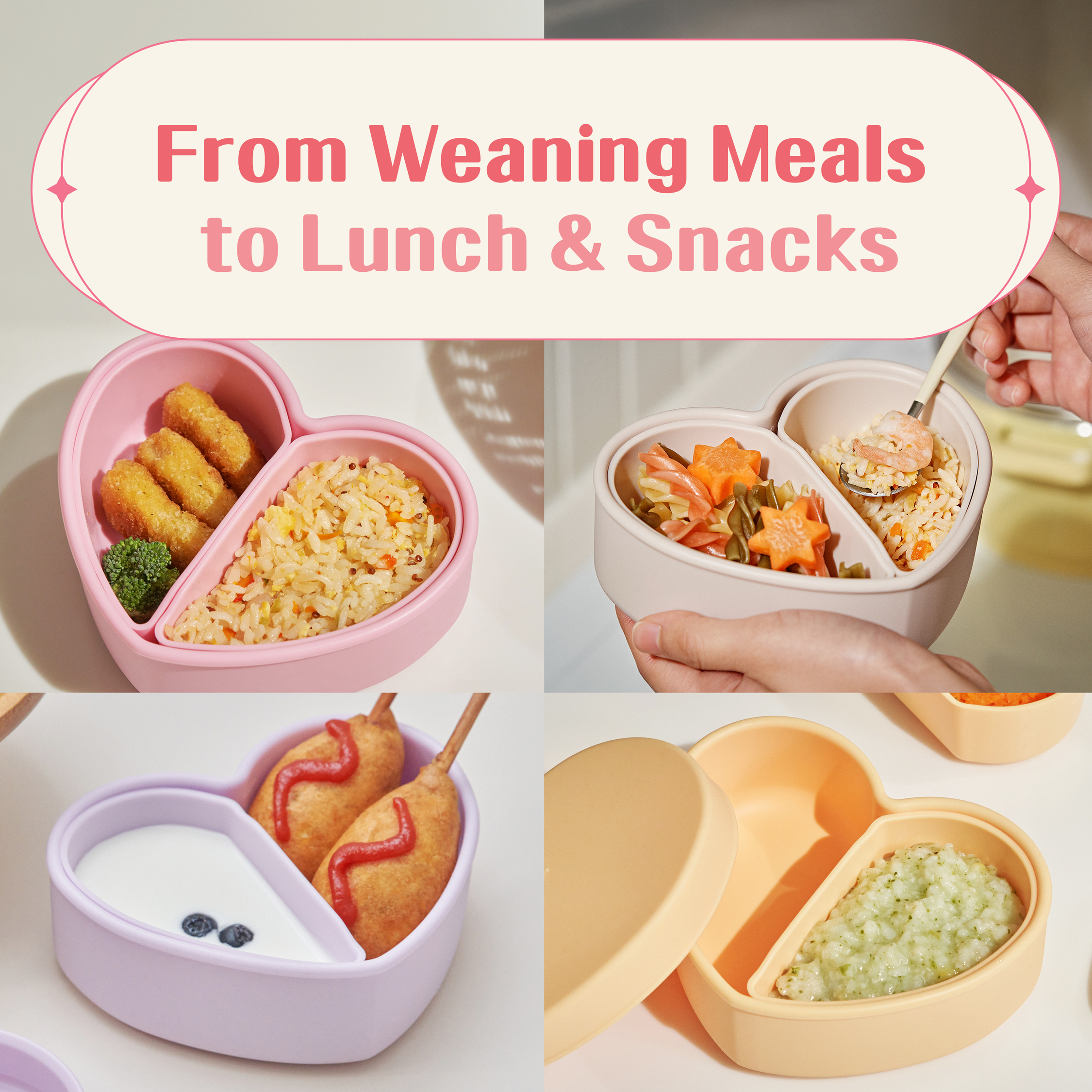 LOVEAT Heart Baby Lunch Box 15.2 fl oz (450 ml) – Silicone Suction Divided Plate for Toddlers and Kids, BPA Free Feeding Dish with Lid, Microwave and Dishwasher Safe (Almond Milk)
