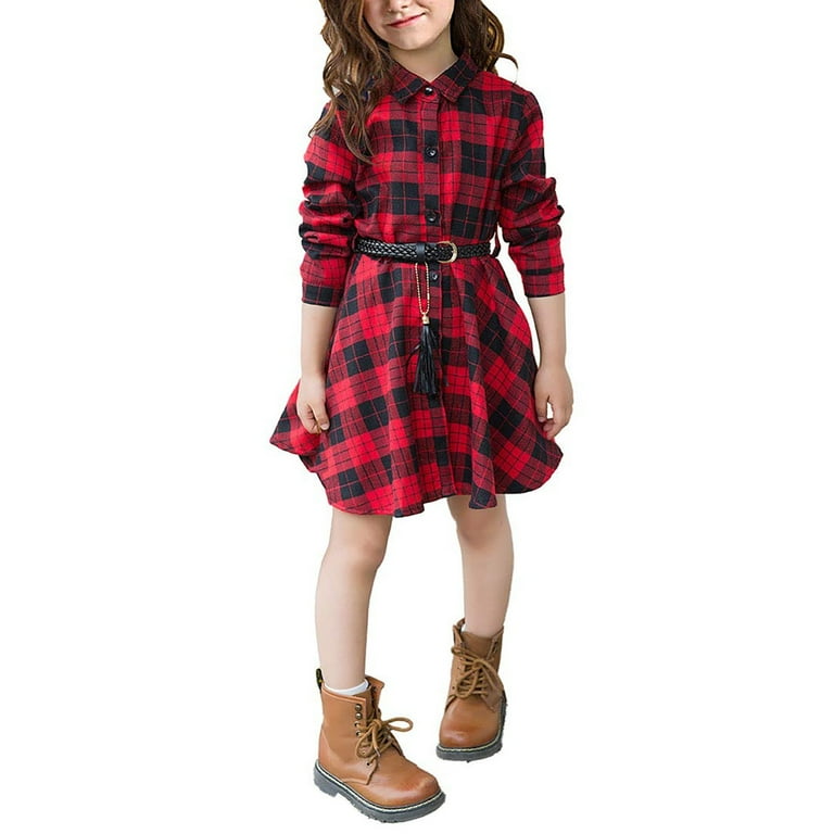 mveomtd Girls Casual Dress Belt Long Sleeve Buffalo Check Black White Red  Plaid Dresses For Kid Shirt Toddler Trim Fit Tights Girls