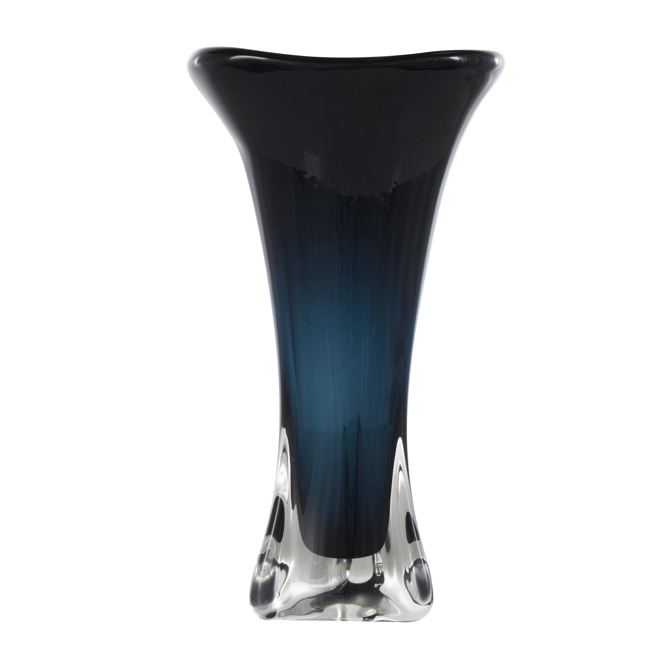 DecMode 18" Abstract Ombre Tulip Dark Blue Glass Vase with Clear Base