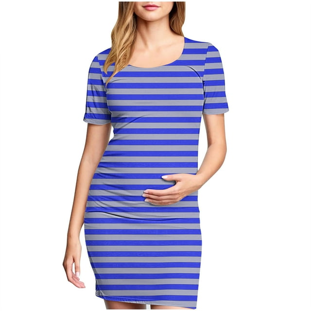 Robe de Maternité pour Femmes, Style Mi-Mollet Plissé à Imprimé avec Manches Courtes et Encolure Ronde, Mélange Polyester-Spandex, Coupe Confortable Extensible, Idéale pour les Séances Photo de Grossesse Ou les Occasions Formelles