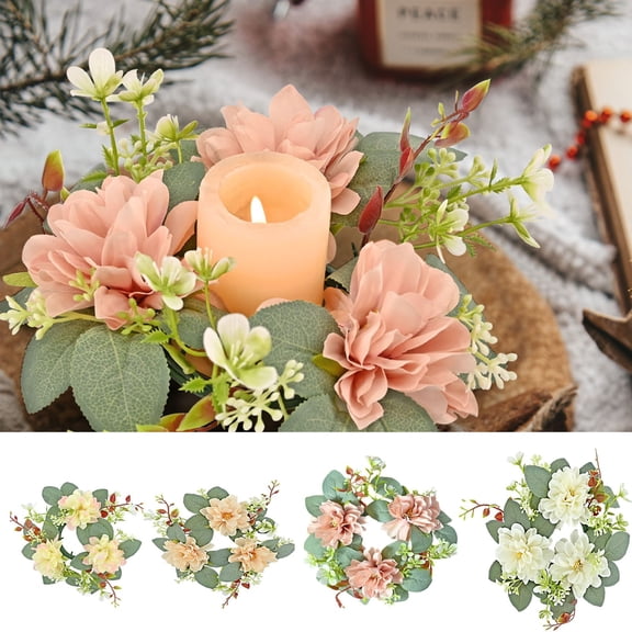 4 Pack 9 Inch Pink Eucalyptus Candle Ring Wreath, Artificial Silk Flower Greenery Candle Garland, Floral Centerpiece Ring for Wedding Table Christmas Farmhouse Home Decor