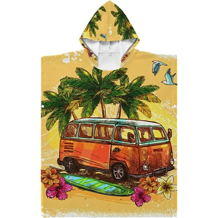

Hippy Vintage Hamper Bus Surfboard Flowers Palm Trees Kids Surf Poncho Changing Robe Children Bathrobe with Hood and Pocket Polyester & Cotton Towel Bath Wetsuit