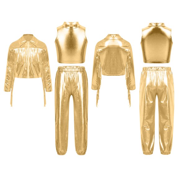 iiniim Girl's 3 Piece Holographic Outfit Long Sleeve Tassel Hip Hop Modern Jazz dance Jacket Vest and Pants Set Gold 8