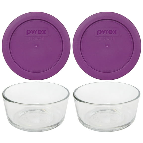 Pyrex (2) 7200 2-Cup Clear Glass Storage Bowls and (2) 7200-PC Thistle Purple Plastic Lids