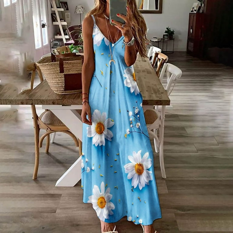 Finelylove Spring Midi Dresses For Women Sexy Birthday Dress V-Neck Floral  Sleeveless Maxi Light Blue
