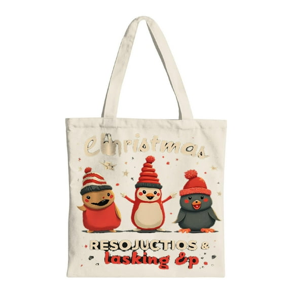 Festive Cartoon Penguin Tote Bag - Reusable Canvas Shopping Bag with Christmas Design Perfect for Parties Travel & Shopping - Fun Holiday Gift