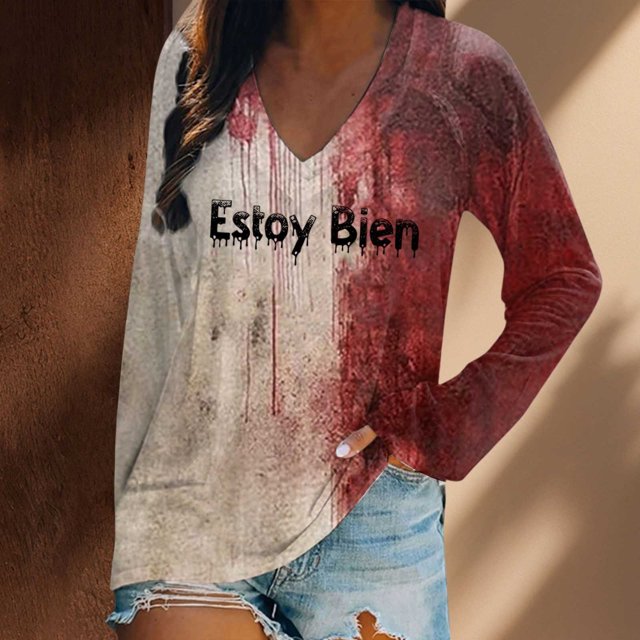 MHFRRA Camiseta de Manga Larga con Estampado de Manchas de Sangre para Mujer, Estilo Informal, para Fiesta de Halloween, con Cuello Alto, para Primavera, Verano y Otoño. Oro Rosa