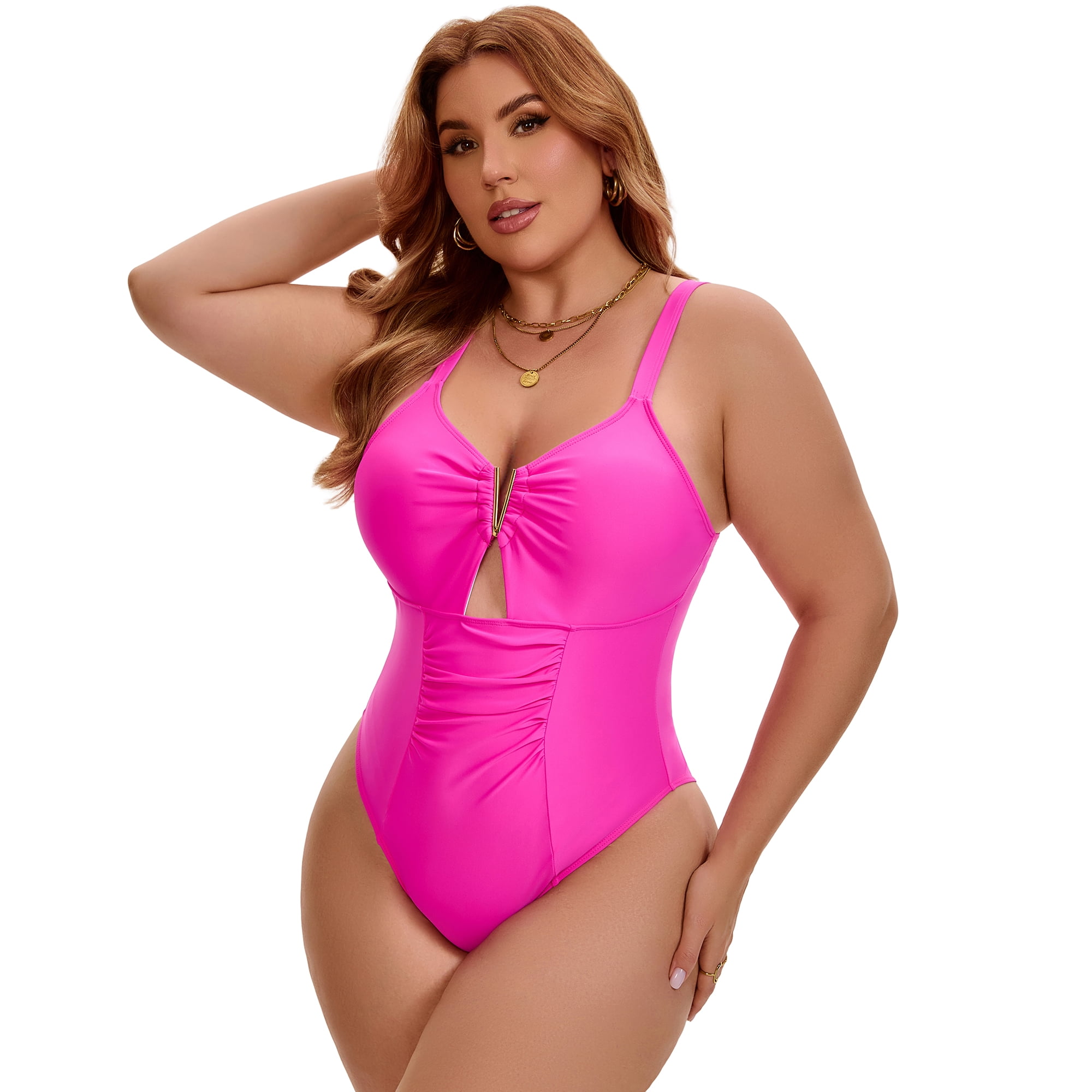 DARING DIVA Women's Plus 1 Piece V-Wire Cutout Push Swimsuit 4X Hot Pink