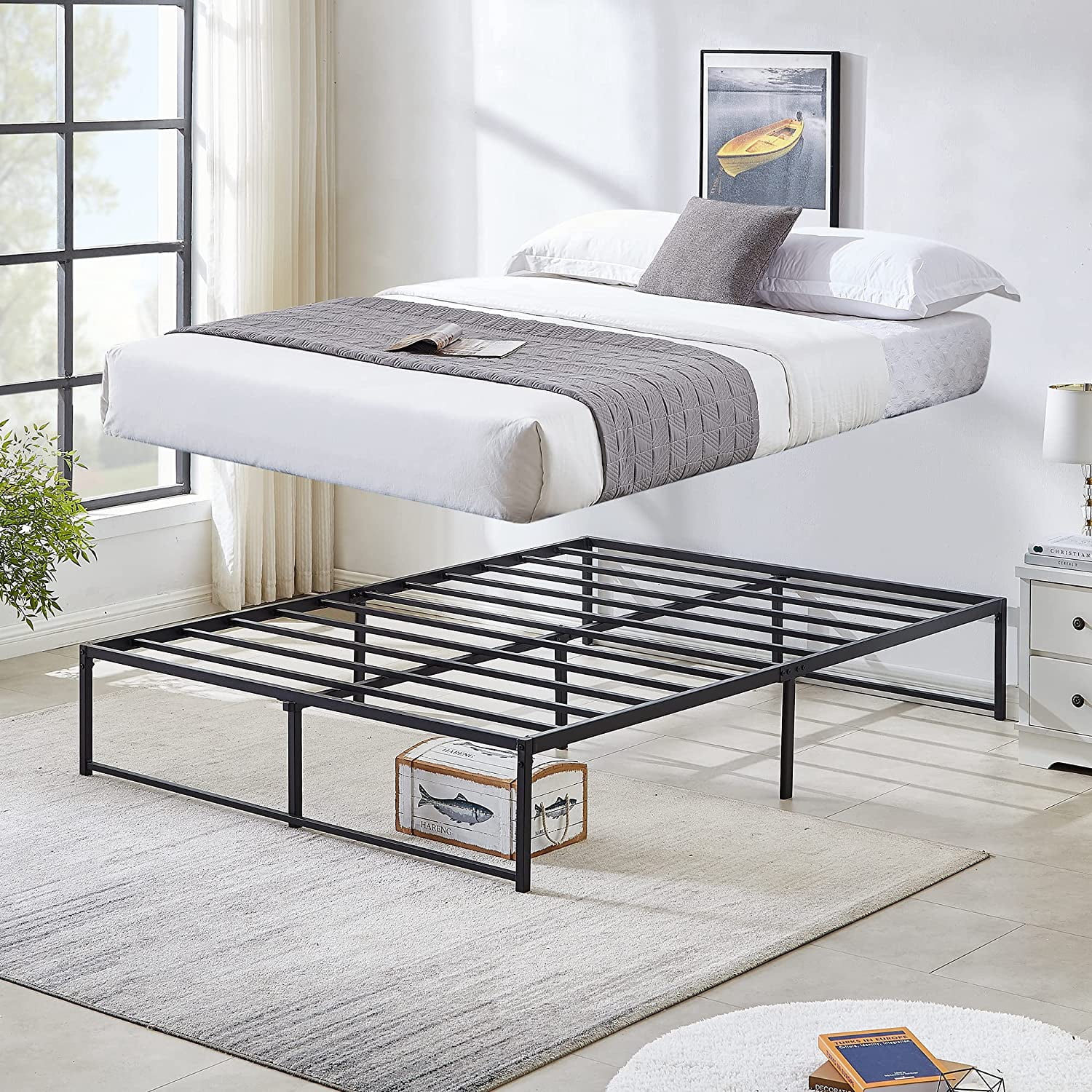 SUGIFT 14in Full Size Bed Frame Metal Platform with Steel Slats Support for Adult, Black