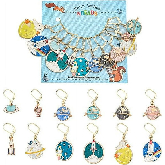 12 Pcs Planet Stitch Markers, 12 Styles Cosmic Rocket Crochet Stitch Marker Charms Heart Star Alloy Enamel Locking Stitch Marker for Knitting Weaving Sewing Accessories Handmade Jewelry