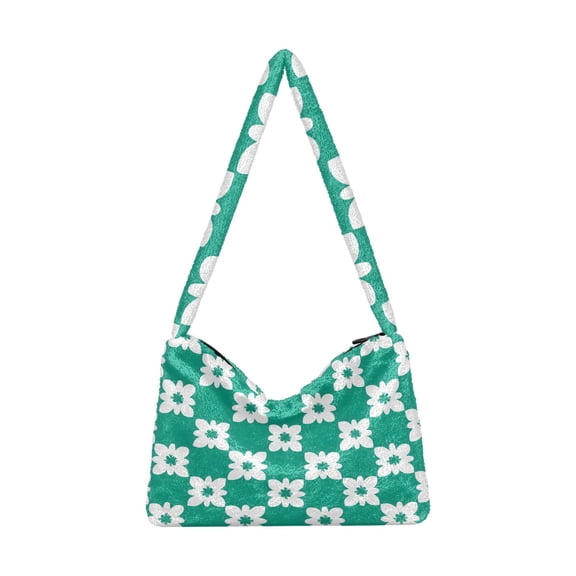 DIXRUYEE Green Flower Pattern Print Plush Shoulder Bag Soft Faux Fluffy Hobo Tote Bag With Zipper Closure Casual Lightweight Crossbody Handbag