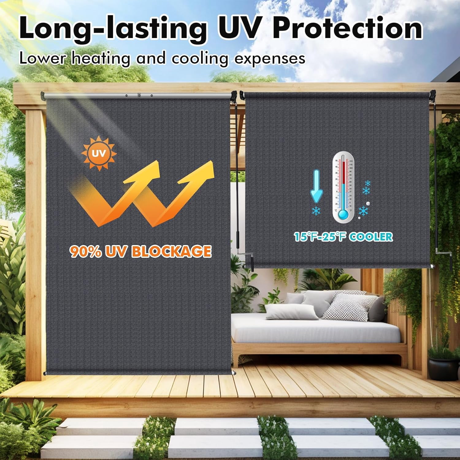NAWAY 7'W x 8'H 220 GSM HDPE Fabric Cordless Outdoor Roller Shades,90% UV Protection Roll up Blinds for Porch Gazebo Pergola,Blue Gray
