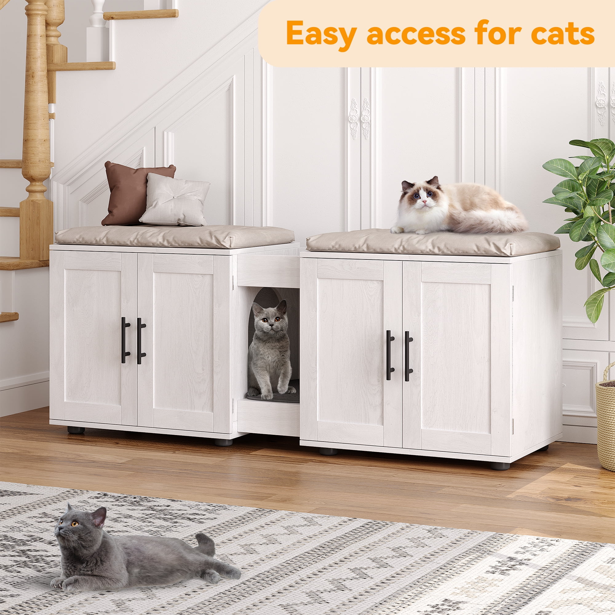 GymChoice Cat Litter Box Enclosure Modern Cat Furniture for 2 Cats Cat Hidden Litter Box Enclosure Furniture with Double Room Wooden Enclosed Cat Litter Box Furniture 55 L x 17.7 W x 20.6 H White Walm...