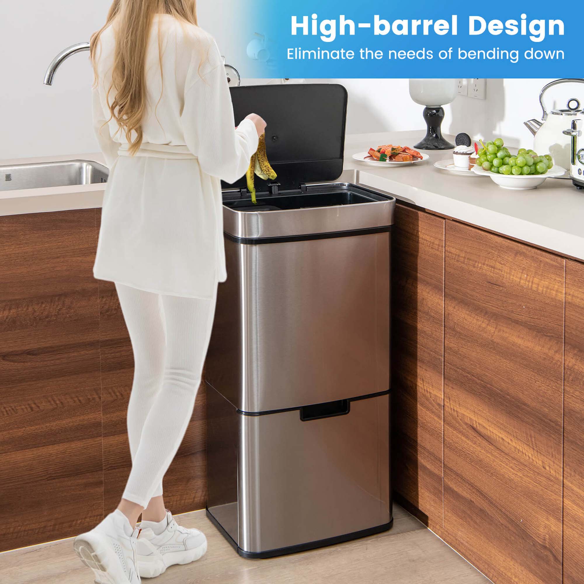 Costway 19 Gal Kitchen Trash Can with Soft Closing Lid & Stay-open Design Inner Buckets Silver