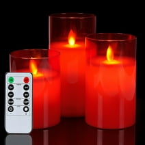 Homemory Red Realistic Glass LED Pillar Candles with Remote Control and Timer, Flickering Flameless Pillar Candles, Battery Operated, Moving Flame, Set of 3