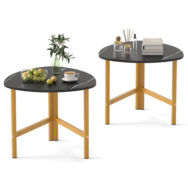 Gymax 2PCS Triangle Coffee Table w/Metal Legs Industrial Center Table for Living Room Black & Gold
