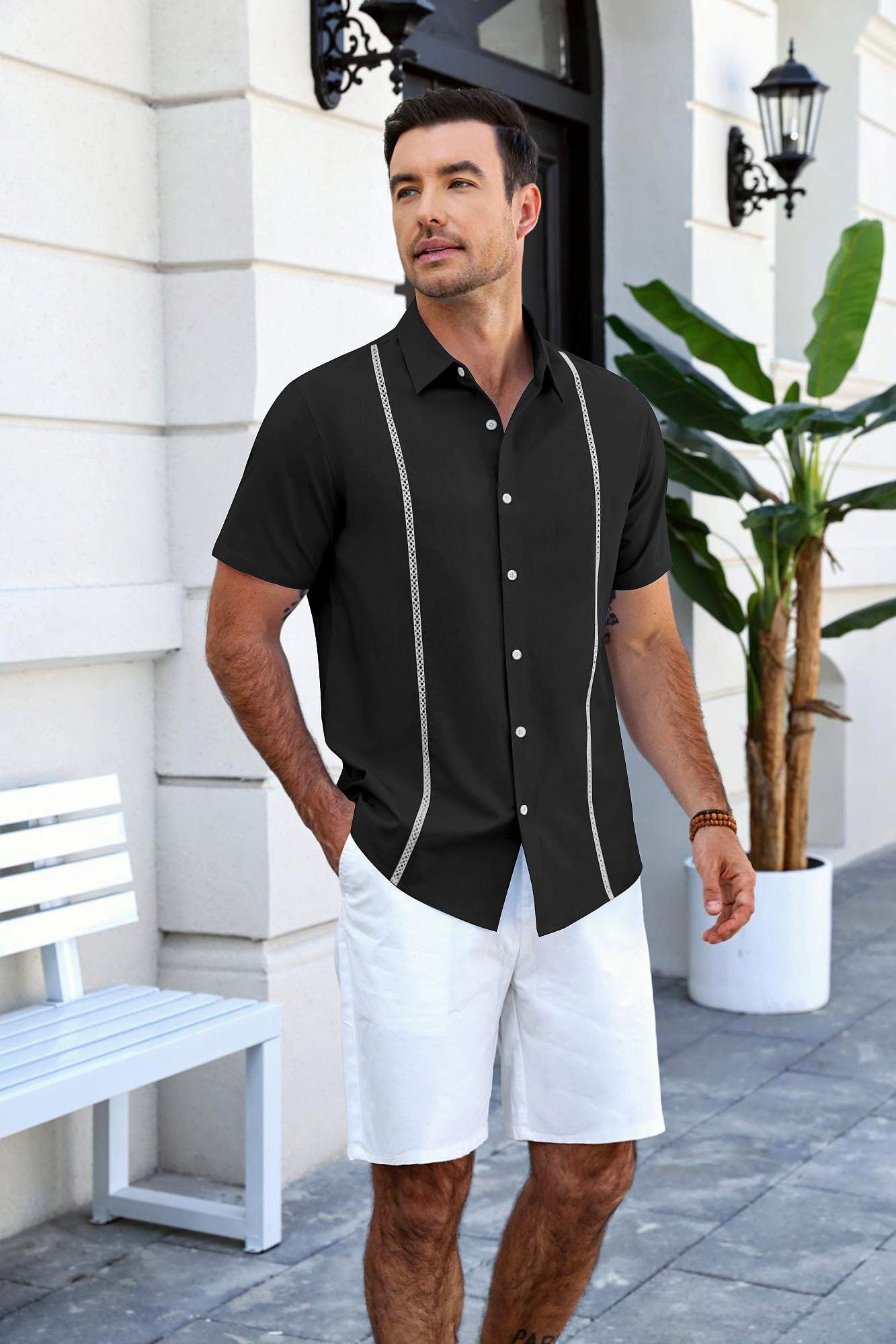 COOFANDY Men's Relaxed Fit Button-Up short Shirt with Decorative Stripes - Casual and Office Wear