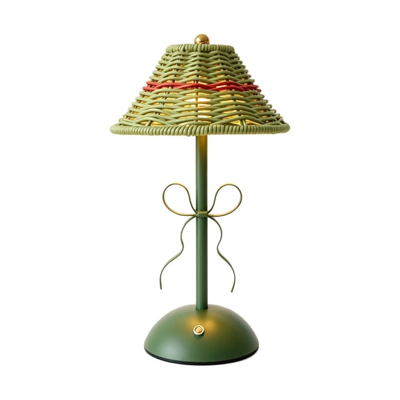 CHJK Boho Rattan Table Lamp, Vintage Small Wicker Lamp with Bow, Cordless Rechargeable Touch Night Light for Bedroom Office Decor, Green