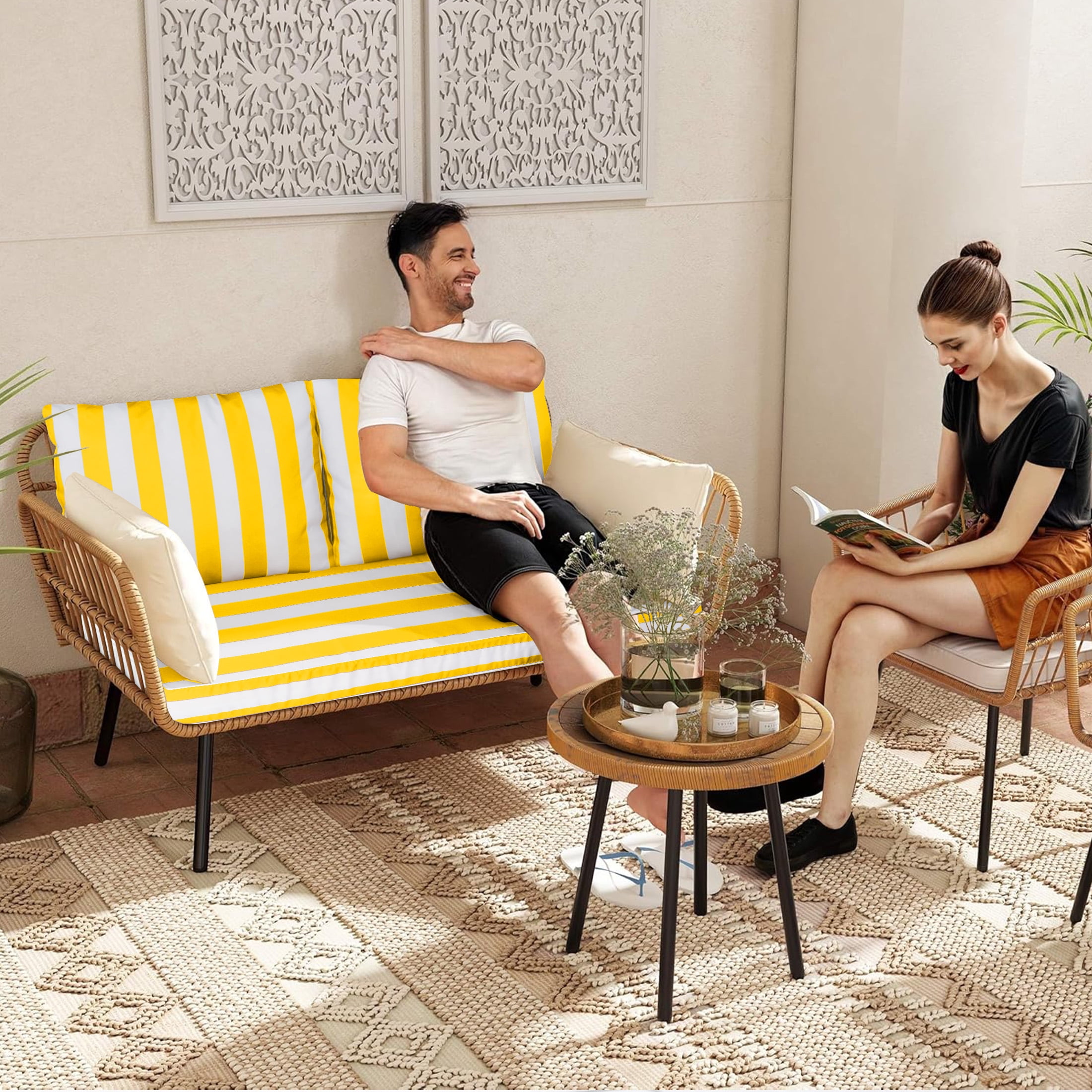 Geemuslly 48 x 24 Outdoor Loveseat Cushion Set, Waterproof & Fade-Resistant Patio Replacement Cushions for Sofa, Bench, or Swing – Thick Seat & Backrest Support,Bright Yellow & White Stripes