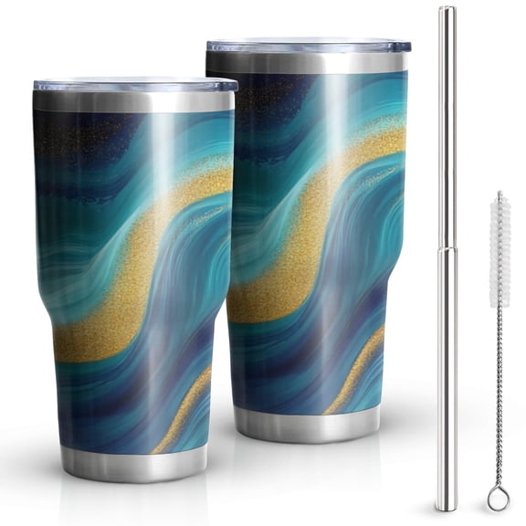 30oz Blue and Gold Marble Shimmer Streaks Pattern Tumblers Stainless Steel Tumbler with Lid and Straw,Vacuum Insulated Double Wall Travel Tumbler Cups Mug with Cleaning Brush for Coffee,Tea