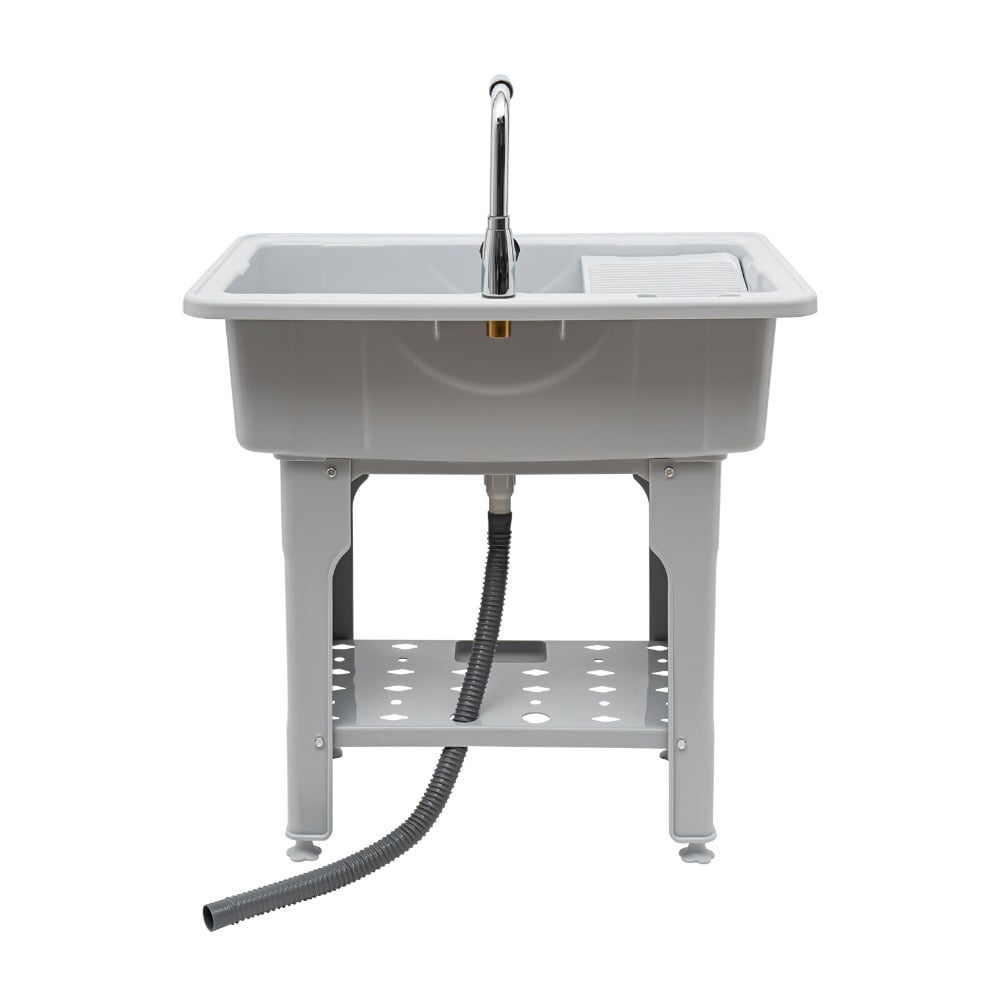Freestanding Laundry Sink with Faucet, 31.5" Utility Sink with Removable Washboard & Storage Shelf, Heavy Duty Plastic Utility Tub for Laundry Room Garage Basement Pet Wash