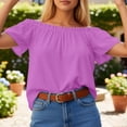 thumbnail image 6 of Cnbwig Womens Tops Off Shoulder Blouse Elegant Ruffle Hem Solid Color T Shirt Casual Summer with Flowy Short Sleeves, 6 of 6