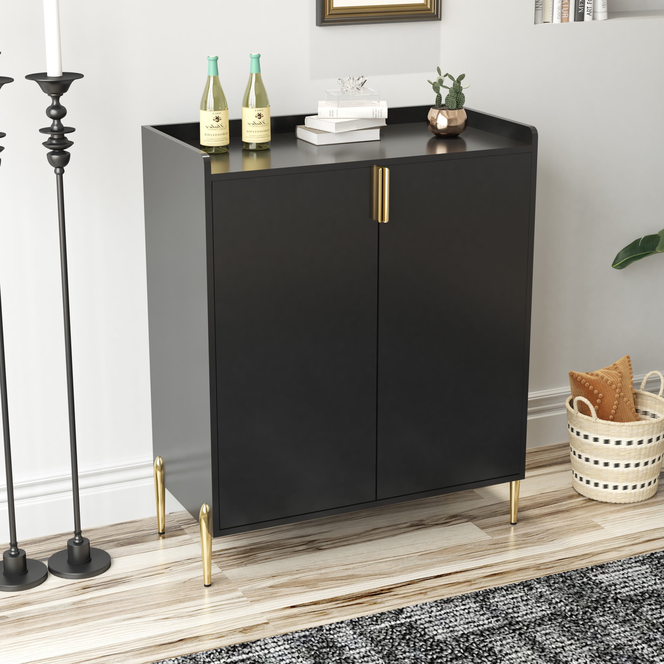 Noble House Solhill 31.5" 2-Door Wine Bar Cabinet, Wooden Wine Rack Liquor Cabinet, Adjustable Shelves, Kitchen, Black