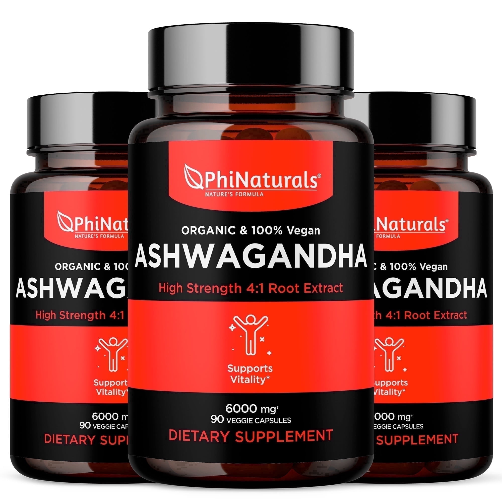 Phinaturals Organic Ashwagandha Root Extract 6000 mg Equivalent | 1500 mg per Serving | Vegan Capsules 90 Count | Stress Support for Men & Women