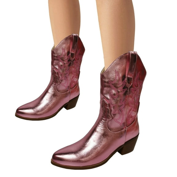 Cowboy Boots for Women Pull on Embroidery Furry Lined Round Toe Western Mid Calf Boots Heeled Booties