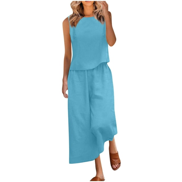 Birdeem Blouses pour Femmes Mode Col Rond Sans Manches et Pantalons Longs Taille Élastique Ensemble Décontracté