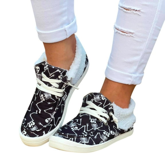 Halloween Winter Snow Boots for Women Pumpkin Skeleton Casual Canvas High Top Fashion Sneakers Ankle Booties Walking Shoes