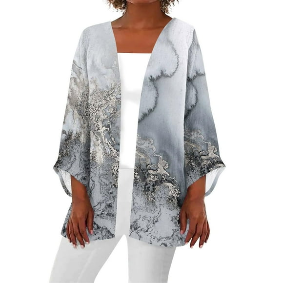 Alitao Womens Cardigan Long Sleeve Shirts Women 2025 Retro Print 3/4 Sleeve Cardigans Lightweight Blouse Tops Coat Casual Duster Jackets Lightweight Cardigans Womens Blouses Purple 2XL