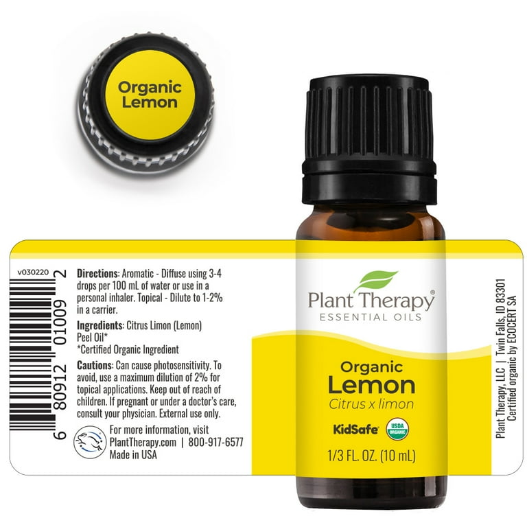 Plant Therapy Organic Lemon Essential Oil 100% Pure, USDA Certified  Organic, Undiluted, Natural Aromatherapy, Therapeutic Grade 10 mL (1/3 oz)