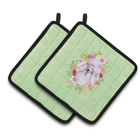 Standard White Poodle Green Flowers Pair of Pot Holders
