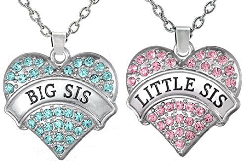 Stocking Stuffers Gifts for Girls, teens, Big Sis & Lil Sis Heart Necklace Set, 2 Sister Necklaces, Big & Little Sisters Jewelry Set for Girls, Teens, Kids, Women (Big Sis Aqua Blue - Little Sis Pink)