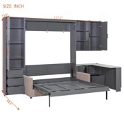 Modern Queen Size Solid Wood Murphy Wall Bed, Foldable Cabinet Bed in Dark Gray