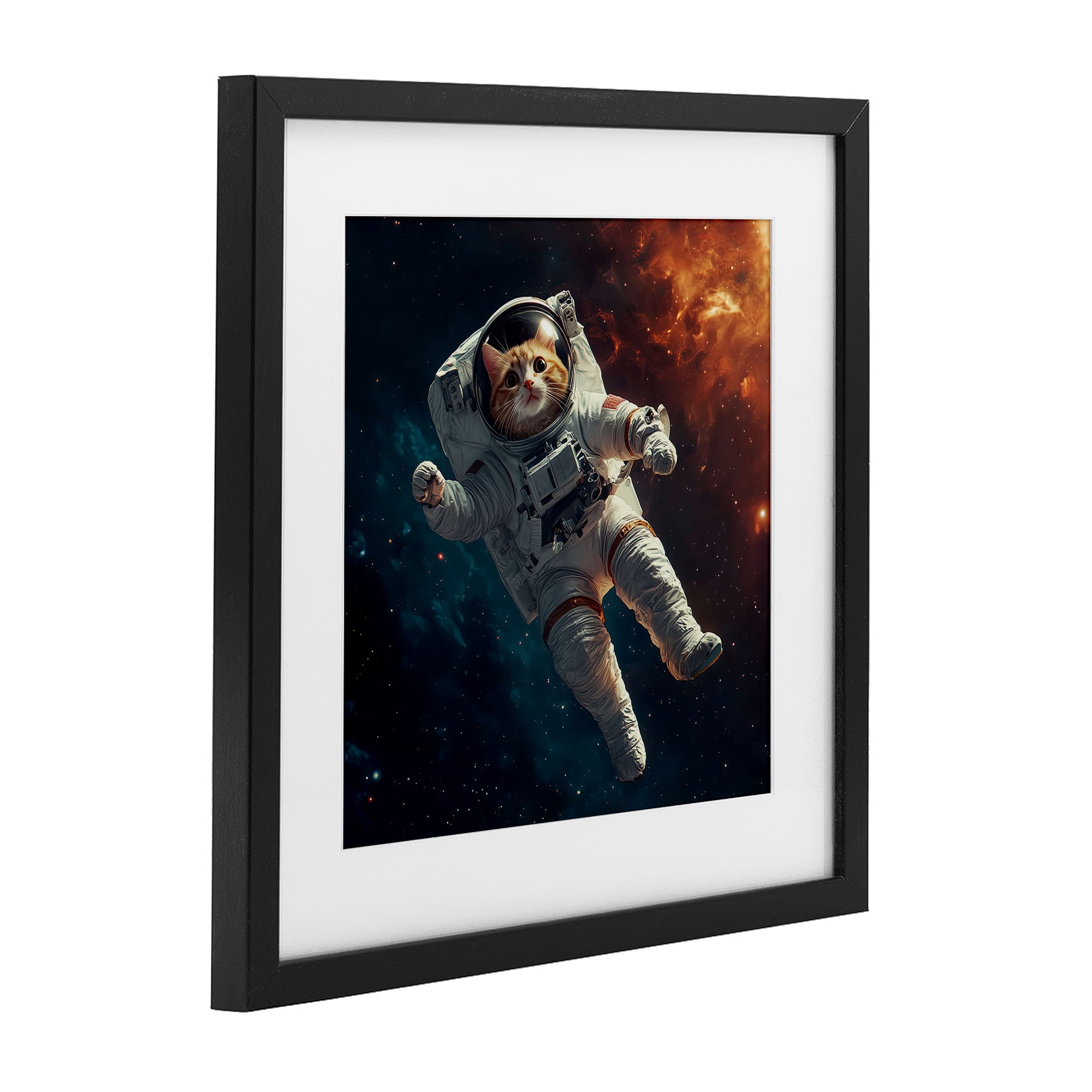 Interstellar Cat Astronaut Black Framed Print Under Glass, design by Jim Baldwin