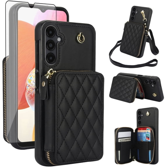 Asuwish Compatible with Samsung Galaxy A56 5G Wallet Phone Case Tempered Glass Screen Protector Wrist Crossbody Strap Stand Credit Card Holder RFID Slot Cell Cover for A 56 56A LTE Women Girls Black