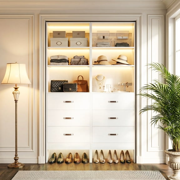 Aheaplus Twin Pack: 2x 96" Adjustable Closet Organizers with 6 Hanging Rods & 6 Wooden Drawers | Wall-Mounted System for Dual Spaces (5-8FT Each),White