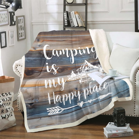 RV Camper Blanket 50"x60",Camping Throw Blanket Camping Decor,RV Travel Car Camping Fleece Blanket,Hand Drawn Wooden Plank Grunge Vintage Fuzzy Blanket Camping Accessories for Inside Brown Blue