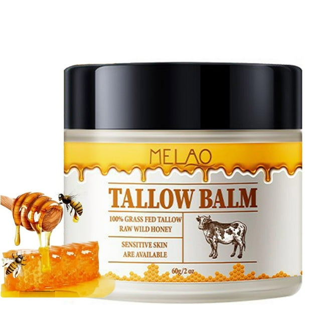 gcdat Crema facial batida de sebo de res y bálsamo de miel alimentada con pasto, crema facial con acabado de pasto para todo tipo de piel, mezcla de sebo de res alimentado con pasto y miel silvestre c