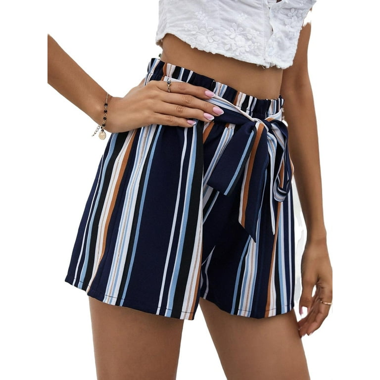 Women's Striped Elastic High Waist Tie Wide Leg Shorts M 