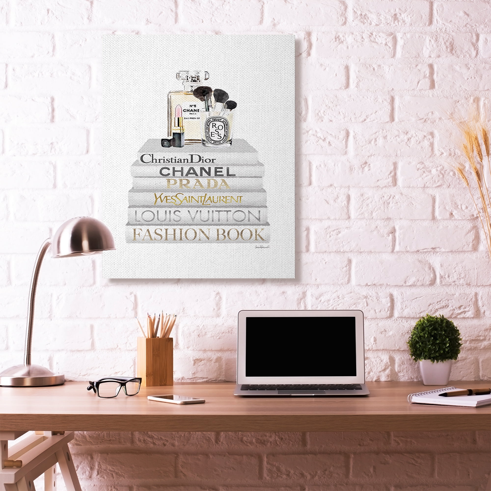 Stupell Industries Fashion Designer Makeup Bookstack White Gold Watercolor Canvas Wall Art by Amanda Greenwood