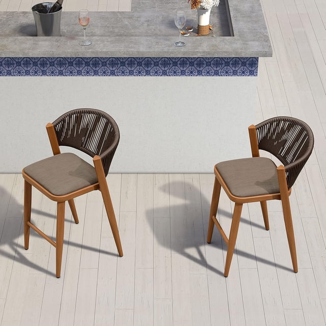 PURPLE LEAF Counter Height Stool Set of 2 Modern Aluminum Rattan Wicker Outdoor Barstools with Backrest and Cushion for Kitchen Lawn Pool Bar Chairs, Brown