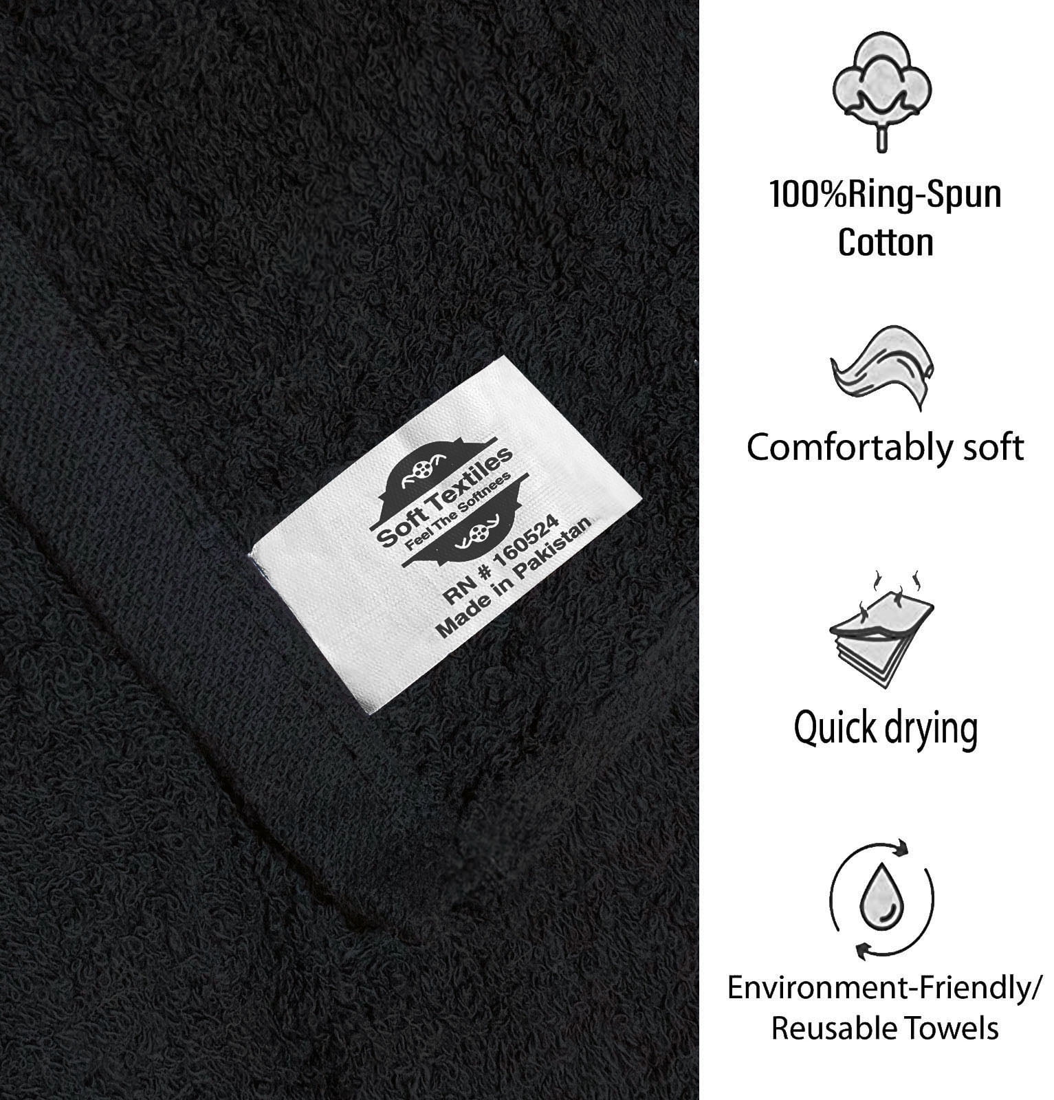 Soft Textiles 12 Pack Black Color Salon Towel Premium Hotel, Salon & Gym Hand Towels, 100% Cotton
